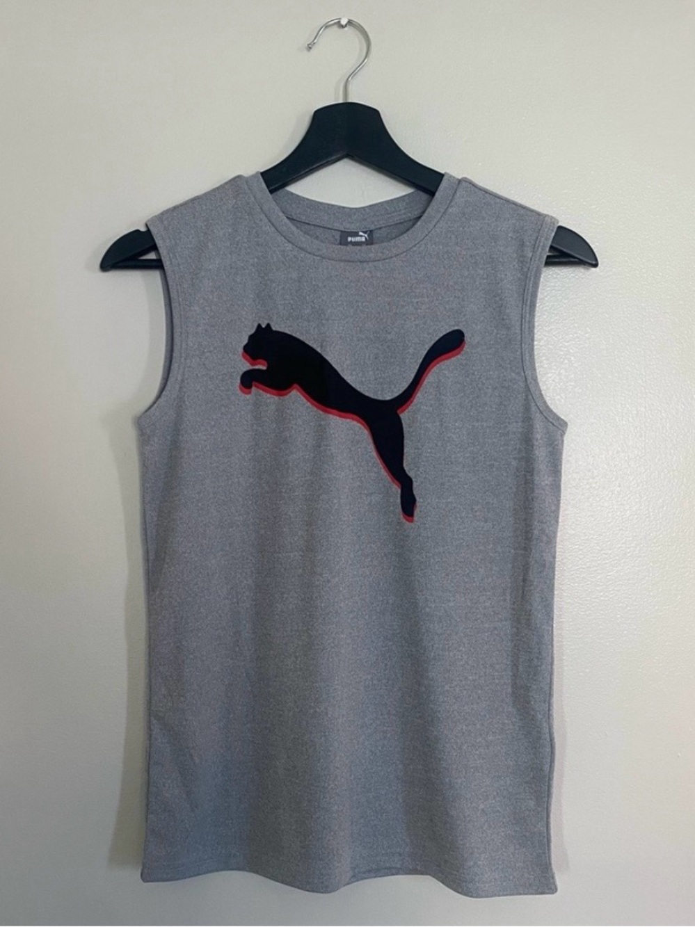 Puma Gray Sleeveless Tank with Black Logo and Red Accent